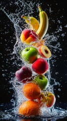 Canvas Print -  Apples, oranges, and bananas are entering a body of water, causing ripples and splashes