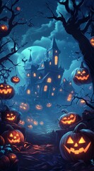 Wall Mural - pumpkins dot the ground Behind, a looming castle Full moon rises in the sky