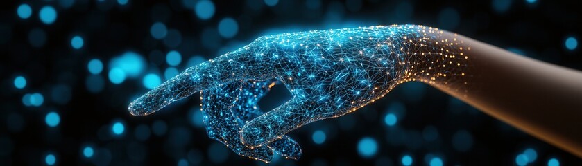 A futuristic hand displaying a digital glow, representing technology and innovation in a mesmerizing light environment.