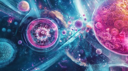Wall Mural - abstract representation of microscopic life and cosmic elements in vibrant colors.