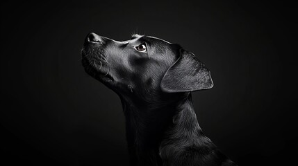 Wall Mural -  A black-and-white image of a dog gazing up at the sky with wide, open eyes