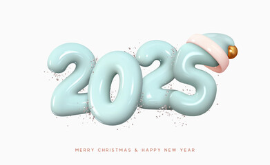 Poster - Happy New Year 2025 Number. Symbols realistic cartoon 3d render with blue santa hat. Christmas decoration. Celebrate party sign 2025. Xmas Poster, banner, cover card, brochure, flyer, layout design
