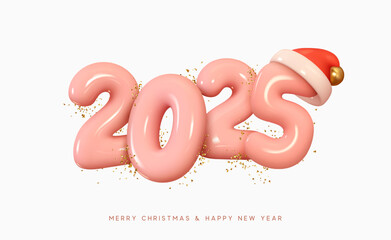 Poster - Happy New Year 2025 Number. Symbols realistic cartoon 3d render with red hat santa. Christmas decoration. Celebrate party pink sign 2025. Xmas Poster banner, cover card, brochure, flyer, layout design