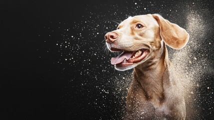  A brown dog with its mouth open and tongue out against a black backdrop