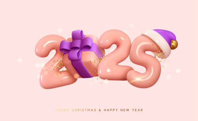 Poster - Happy New Year 2025 Number. Symbols realistic cartoon 3d render with gift box. Christmas decoration. Celebrate party color sign 2025. Xmas Poster, banner, cover card, brochure, flyer, layout design