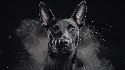 Wall Mural -  A dog's face, tightly framed, with smoke emanating from its ears against a black backdrop