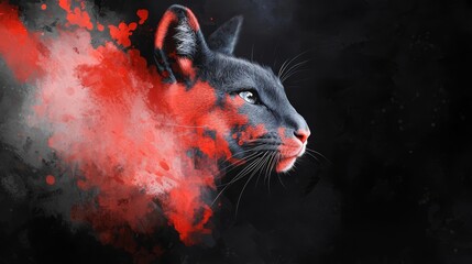 Wall Mural -  A feline face in tight focus against a black backdrop, speckled with red paint splatters