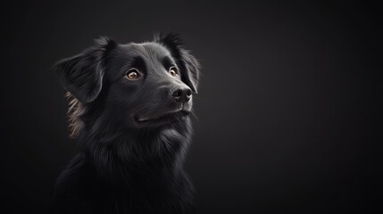 Wall Mural -  A tight shot of a dog's face against a solid black backdrop, framed by a white border