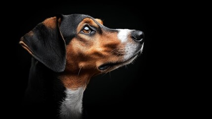 Poster -  A tight shot of a brown-and-white dog's head against a black backdrop