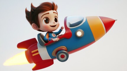 Poster - A cheerful child flying a colorful rocket, depicting adventure and imagination.