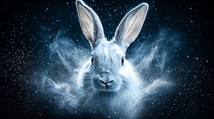  A rabbit's face in tight focus against a black backdrop, adorned with snowflakes and twinkling stars