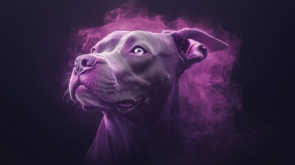 Wall Mural -  A dog's face in tight focus against a black backdrop, superimposed with a purple smoke cloud forming the canine silhouette