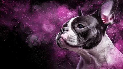 Wall Mural -  A black-and-white dog gazes at the pink and purple smoky clouds above the sky