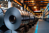 Cold rolled steel coil or stainless steel sheets at storage area in steel industry plant. in a warehouse.