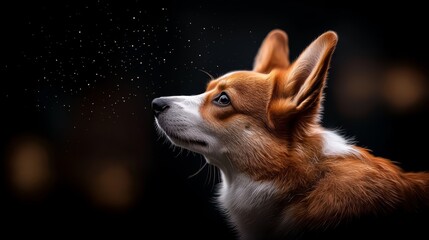 Wall Mural -  A tight shot of a poised dog gazing at the star-studded night sky