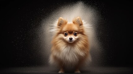 Wall Mural -  A tiny dog against a black backdrop, adorned with sprinkles on its hind legs