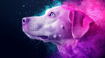 Wall Mural -  A tight shot of a dog's face, adorned with splatters of pink and blue paint