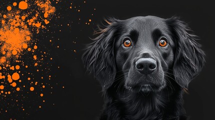 Wall Mural -  A tight shot of a dog's expressive face against an backdrop of orange paint splatters