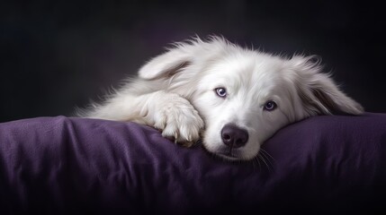 Wall Mural -  A white dog with blue eyes reclines on a purple pillow, his head gently leaning over the edge