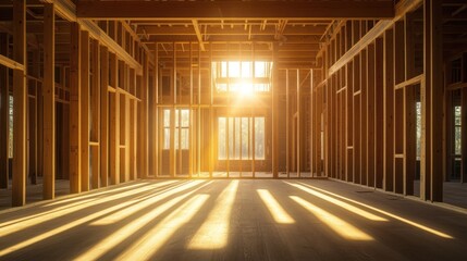 Sticker - Sunlight streams through a wooden frame of a building under construction.