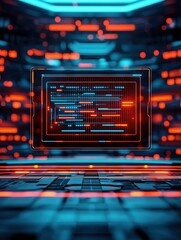 Poster - Futuristic digital interface with neon lights displaying programming code in a high-tech server room for web development and cybersecurity concepts.