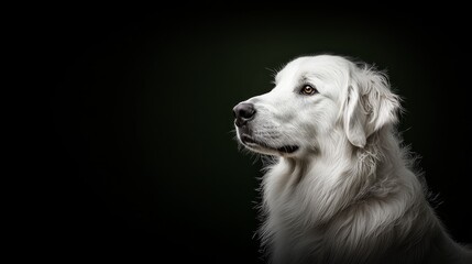 Wall Mural -  A tight shot of a White Border Collie's face against a black backdrop, framed by a white border