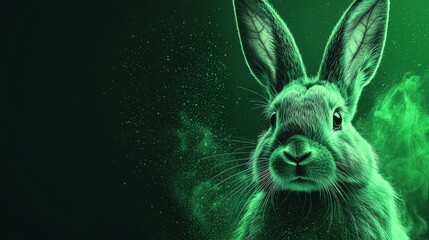 Wall Mural -  Digital painting of a rabbit's face with a green radiance, black backdrop