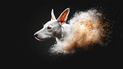 Wall Mural -  A white dog with brown facial freckles against a black backdrop featuring white spots