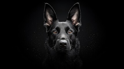  Close-up of a dog's face against black backdrop, featuring water droplets