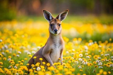 Sticker - Kangaroo in field of yellow wildflowers looking at camera