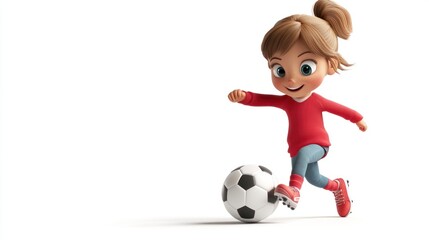 Canvas Print - A cheerful cartoon girl joyfully kicking a soccer ball.