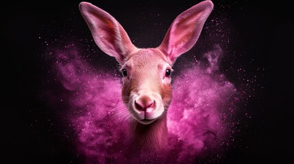 Wall Mural -  A deer's face in tight focus against black backdrop, surrounded by swirling pink and purple particles near the eyes