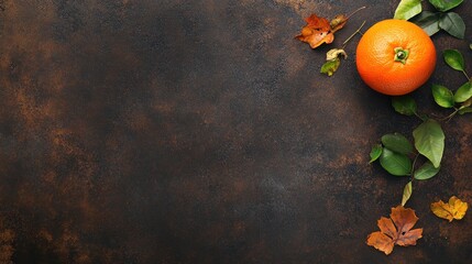 Sticker - A vibrant orange surrounded by autumn leaves on a textured dark surface.