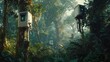 © BerkahStock - Futuristic structures nestled in a dense jungle, blending technology with nature.
