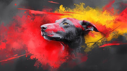 Poster -  A painting of a dog's head with red, yellow, and black splatters