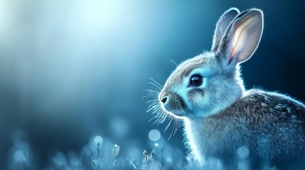 Wall Mural -  A tight shot of a bunny in a lush grass field against a backdrop of a clear blue sky, with the grass extending to the image's foreground