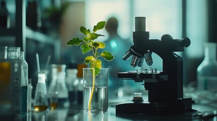 Wall Mural - A microscope beside a plant in a lab, showcasing scientific research and experimentation.