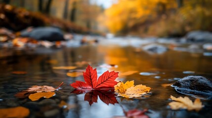 Sticker - A single red leaf floats on a calm stream with a blurred background of yellow and orange leaves.