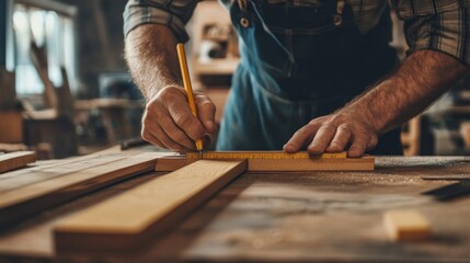 Wall Mural - A craftsman measuring wood on a workbench, focused on woodworking tasks.