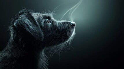 Wall Mural -  A dog's face, tightly framed, with a smoke trail emerging from its muzzle against a black backdrop