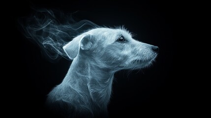 Wall Mural -  A tight shot of a dog's face with smoke emerging from its muzzle against a black backdrop