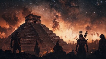 Wall Mural - Aztec gods performing rituals under a starry sky above ancient pyramids