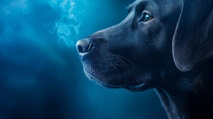 Wall Mural -  A dog's face, intensely focused, surrounded by blue background and smoke emanating from its eyes