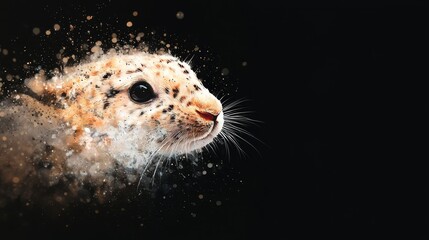 Wall Mural -  A tight shot of a snow leopard's face, adorned with snowflakes on its fur against a black backdrop