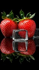 Sticker -  Three strawberries aligned on a glass-top table, surrounded by ice cubes