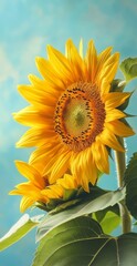 Wall Mural -  A sunflower in tight focus, sunny day backdrop, blue sky overhead, clouds scattering behind