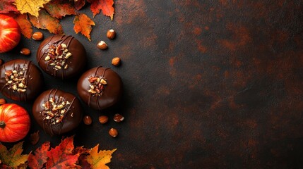 Poster - A cozy autumn scene featuring chocolate donuts, pumpkins, and colorful leaves.