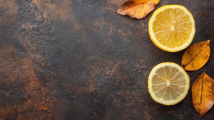 Wall Mural - A rustic background featuring halved lemon and autumn leaves.