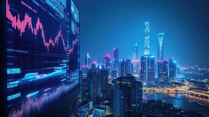 Canvas Print - A vibrant city skyline at night with financial data overlay.