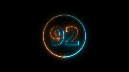 Abstract glowing neon 92 number background 4k illustration.